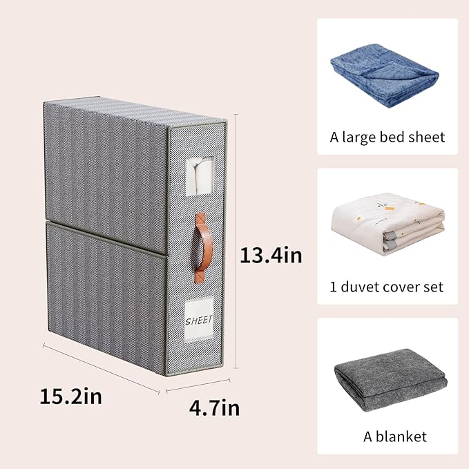 EE-RoomWorld 4 Pack Bed Sheet Storage Organizers- Premium Fabric Closet Organizer with Clear View Window, Space-Saving Foldable Design for Queen/King Size Bedsheets, Blankets & Duvet Covers