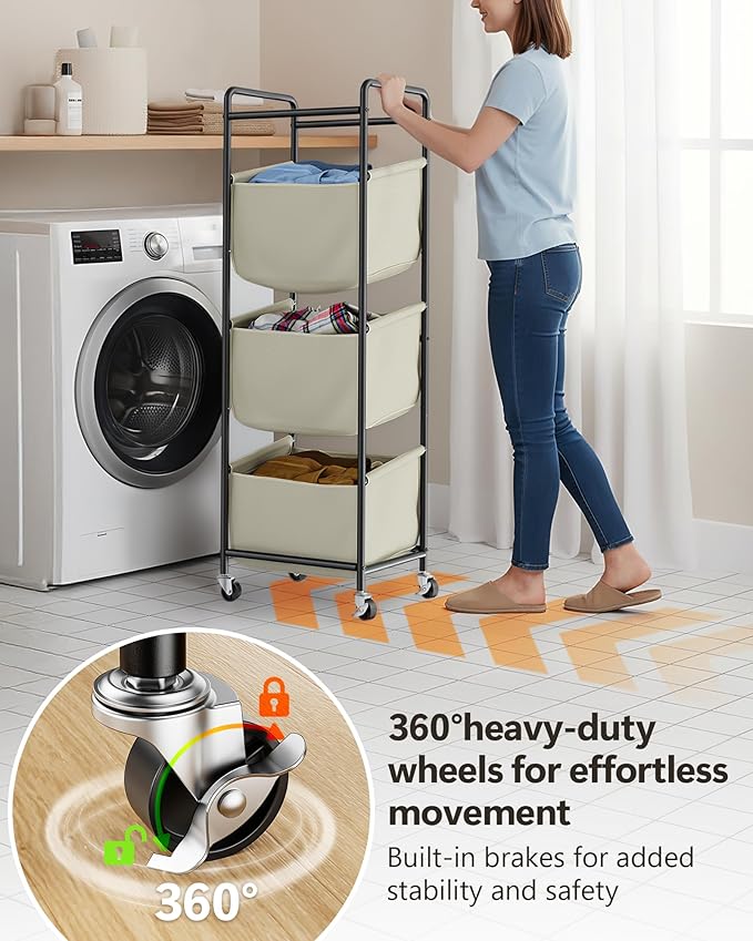 Moforoco Vertical Laundry Sorter 3 Section with Removable Bag, Laundry Hamper with Wheels, 120 L Rolling Laundry Baskets organizer for Bathroom, Apartment, Dorm Room, Beige