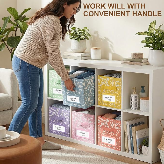 LemonRoad 6 Fabric Storage Cube 11 Inch Foldable Marble Storage Bin with Label for Organizing Pantry, Toy Box, Clothes Closet Collapsible Basket for School Organizing with Handle(Macaron, Label Style)