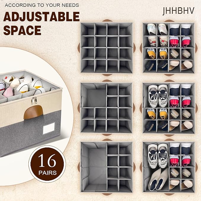 2 Pack Shoe Organizer for Closet, Adjustable Shoe Box Storage Containers, Large Foldable Shoe Bins with Clear Cover, Space Saving Shoes Holder with 4 Handles, Fits 16-32 Pairs, Beige
