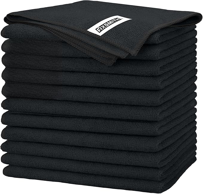 FIXSMITH Black Microfiber Cleaning Cloth -Pack of 12, Highly Absorbent Cleaning Rags, 16"X12" All Purpose Cleaning Towels for Housekeeping, Kitchen, Car, Lint Free and Reusable Microfiber Towels
