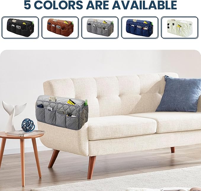 MEHIDFY Armchair Caddy, Waterproof Sofa Armrest Organizer, Non Slip Recliner Organizer, Remote Holder for Recline, Recliner Caddy with 14 Pockets Storage for TV Remote, Phone, Magazine (Grey)