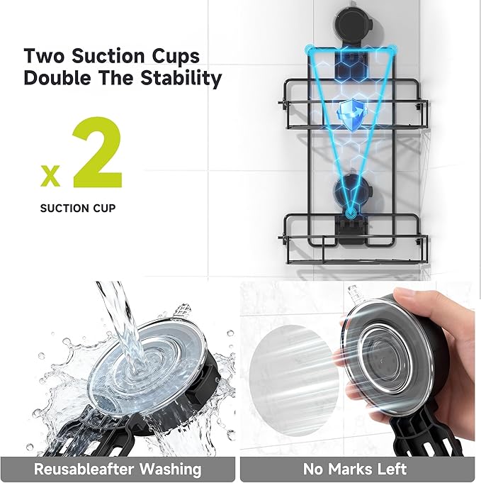 BANGMANG Shower Caddy Suction Cup, 2 Pack Suction Shower Shelf, NO-Drilling Bathroom Holder, Rustproof Bathroom Organizer for 90° Wall Corner, Black
