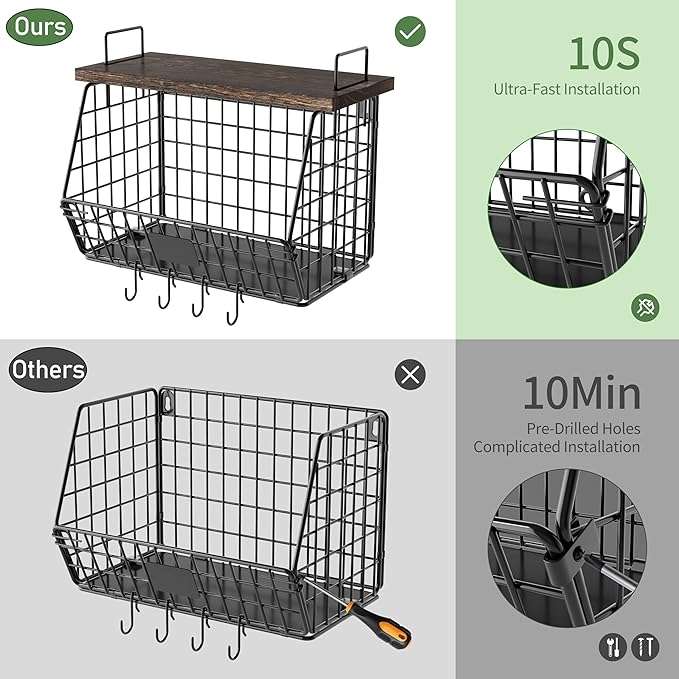 2 Pack Hanging Wall Fruit Basket for Kitchen Counter, Stackable Wire Basket for Fruit, Vegetable, Potato and Onion Storage, Wall-Mounted Fruit Holder with Wood Lid, Banana Hooks & Metal Handles