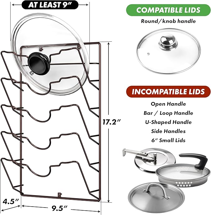 Simple Houseware Wall Door Mounted Pot Lid Rack, 9.5" Wx4.5 Dx17.2 H, Bronze Finish