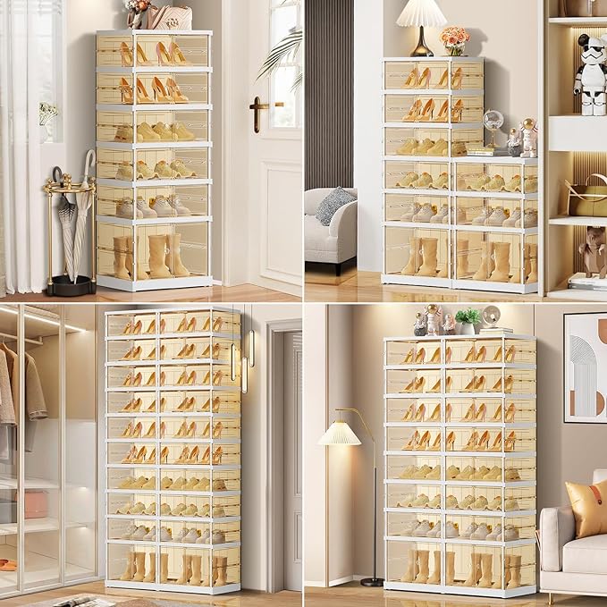 EHAMILY 10 Tiers 20-40 Pairs Foldable Shoe Boxes Large Plastic Shoe Storage Rack Collapsible Shoe Organizer For Closet Tall Shoe Shelf Clear Stackable Shoes Cabinet with Doors Entryway