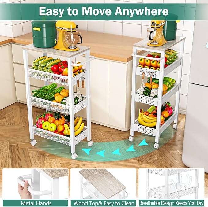Utility Slim Storage Cart with Wheels, 4 Tier Small Rolling Cart with Wood Top, Metal Kitchen Bathroom Laundry Room Organization Trolley with Handle for Narrow Space - White