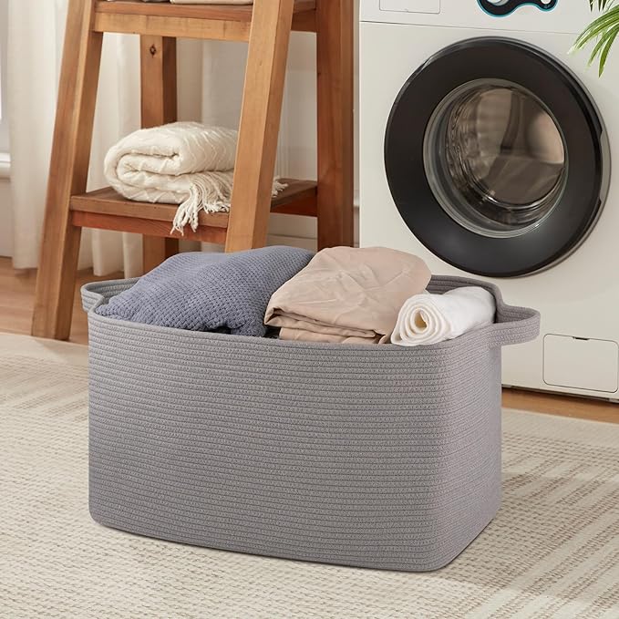 Extra Large Blanket Basket, 24" x 16.9" x 14.2" Woven Storage Basket for Living Room, Rectangle Nursery Blanket Storage for Toys, Towels, Dirty Clothes (Light Grey)
