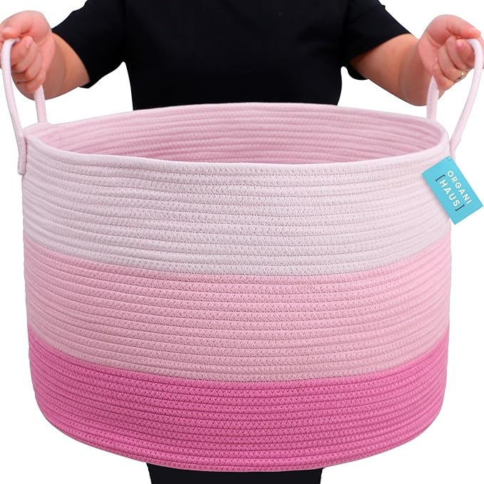 OrganiHaus Large Woven Storage Basket for Blankets and Toys 20" x 13" Inch, Rope Laundry Basket with Handles, Cushions & Pillows Storage Bin, Nursery Hamper, Soft Round Dog Toy Bin - Pink