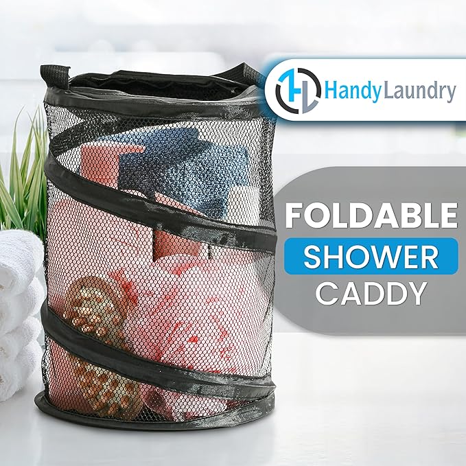 Handy Laundry Foldable Shower Caddy - Collapsible, Portable, Drainage Hole, Carry Handle, Large Compartments, Great Organizer for Camp, Travel, Gym, and Dorm (Black)