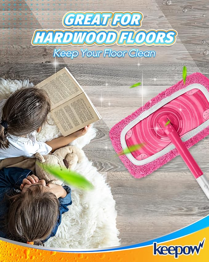 Keepow 8 Pack Reusable Mop Pads Compatible with Swiffer Sweeper, Coral Fleece Washable Swiffer Mop Pads, Dry & Wet Sweeping Mopping Cloths (Pink, Not Included Mop)