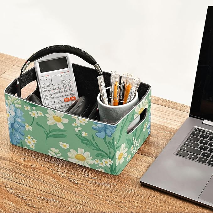 Mint Green Bluebonnet Daisy Flowers Closet Storage Bins 2 Pcs Felt Open Home Storage Containers Organizer with Handles Collapsible Shelf Basket for Home Office Craft Room Classroom Fabric