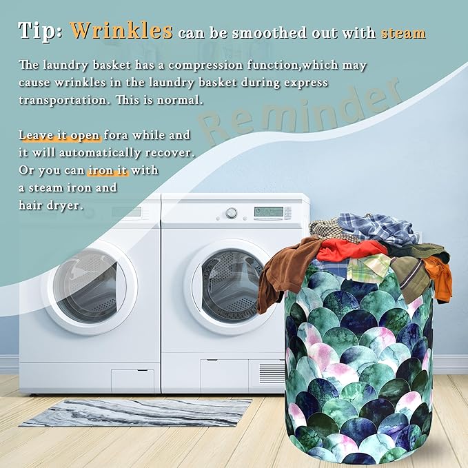 Green Mermaid Scales Laundry Basket Beautiful Scale Funny Laundry Hamper Foldable Oxford Cloth Colorful Tote Bag Clothes Toy Storage Bucket 18.9"x16.5" For Bathroom/Laundry Storage/Bedroom