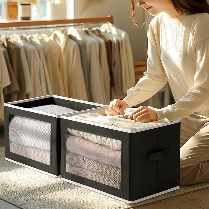 Storage Boxes with Lids - 3 Pack Fabric Clear Window Storage Bins, Collapsible Storage Bins with Lids, Linen Closet Organizer for Clothes, Towel, Blanket, Black