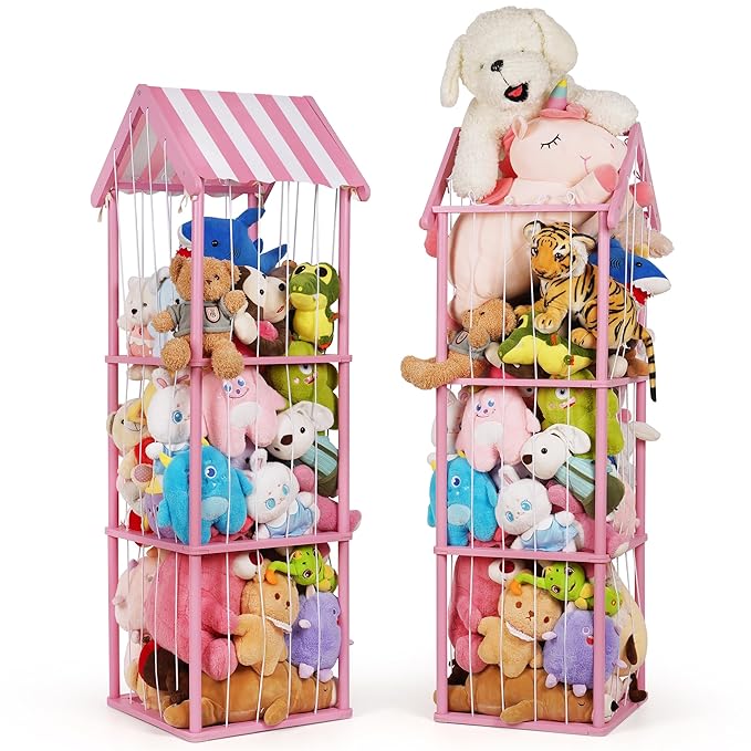 Stuffed Animal Storage, Space Saving Vertical Stuffed Animal Holder Wood, Easy Assembly Cottage-Style Plush Toys Organizer for Kids Bedroom & Playroom (Pink, Large)
