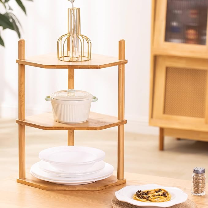 2-Packs 3-Tier Expandable Bamboo Corner Shelf - Dish/Plate Organizer for Cabinet, Kitchen Counter Shelf & Small Kitchen Shelf, Adjustable (2, 3Tier-6.7" H)