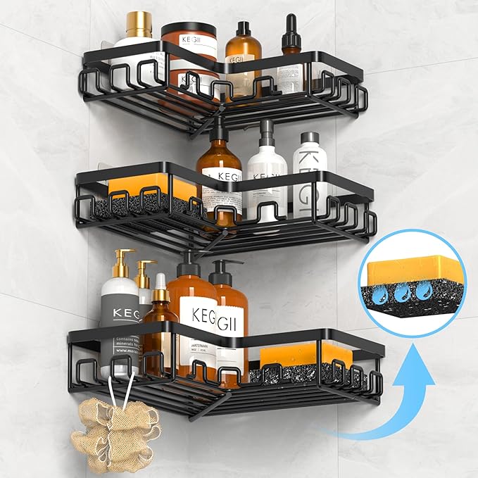 KEGII 3 Pack Adhesive Shower Caddy - Inside Bath& Bath Tub Organizer Without Drilling for Renters and Family, Black