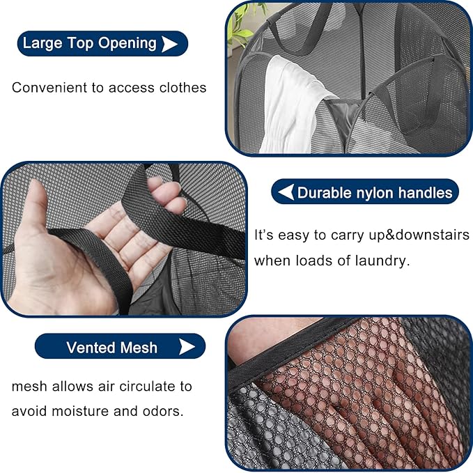 Pack of 2 Pop Up Laundry Hamper Collapsible Laundry Baskets Black Mesh Laundry Baskets with Portable Handle, Side Pocket for Bedroom, Nursery Room, Travel, Cruise