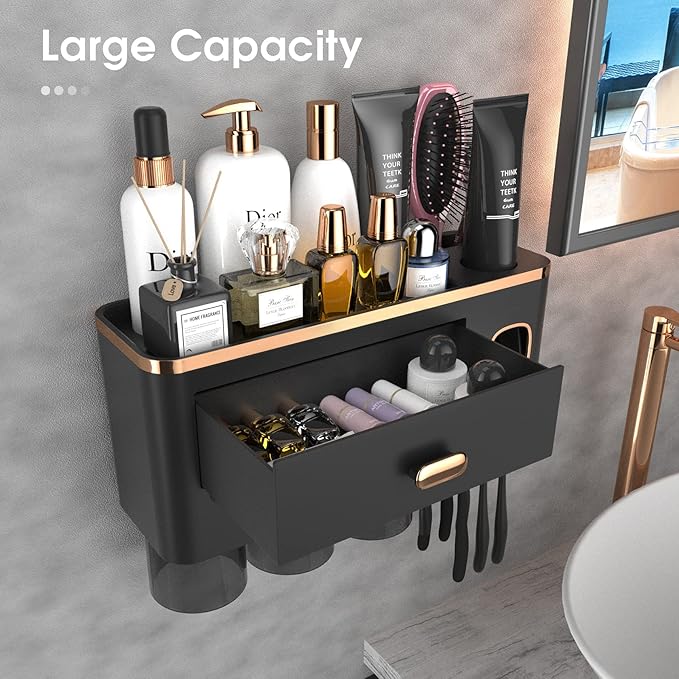 iHave Toothbrush Holders Wall Mounted with Toothpaste Dispenser & 3 Cups - Luxury Black and Gold Design for Bathroom Decor, All-in-One Bathroom Organizers & Storage for Toothbrushes and Accessories