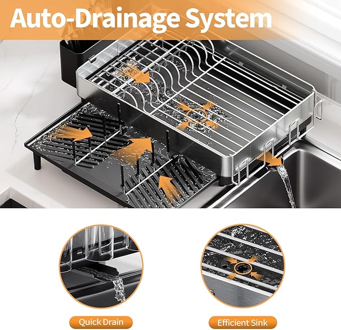 Dish Rack for Kitchen Counter, 304 Stainless Steel Dish Drying Rack, Expandable Dish Drainer, Foldable Dish Strainer with Cutlery Holder, Kitchen Plate Rack (Black, Large Size)