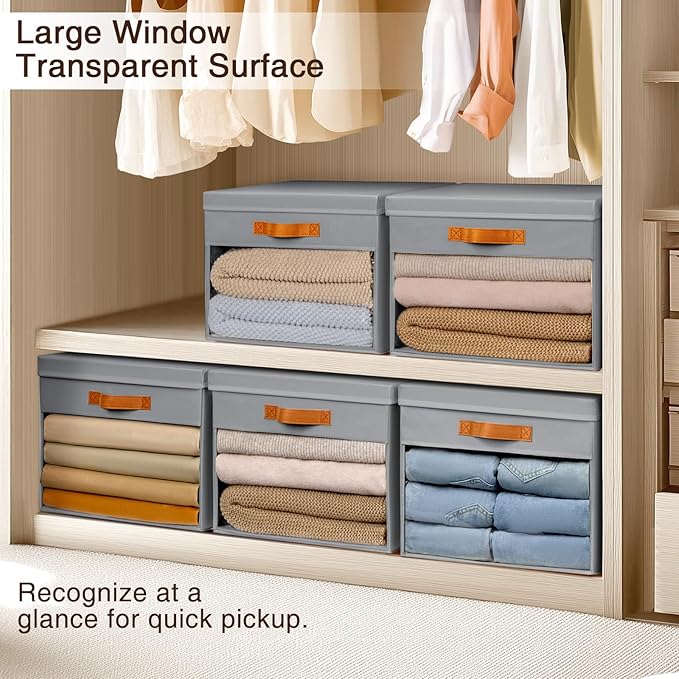 Large Storage Bins with Lids - 6 Pack Foldable Decorative Organizers with Clear Windows & Handles, Cube Storage Organizers for Clothes, Blankets, Sweaters, CD, Grey