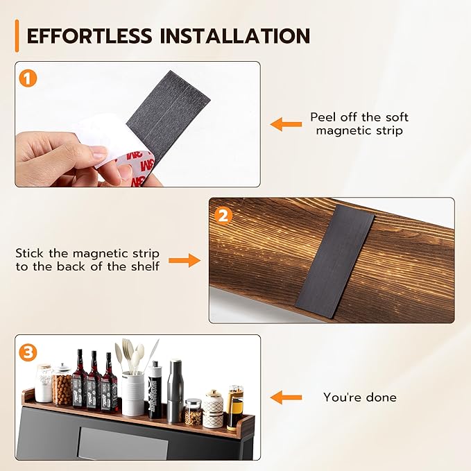 Fun Memories Stove Top Shelf, 30" Magnetic Shelf for Kitchen Stove, Pine Wood Stove Shelves, Wall Mounted Shelves for Home Storage Organization, Heat and Pressure Resistant, 1pcs, Dark Brown