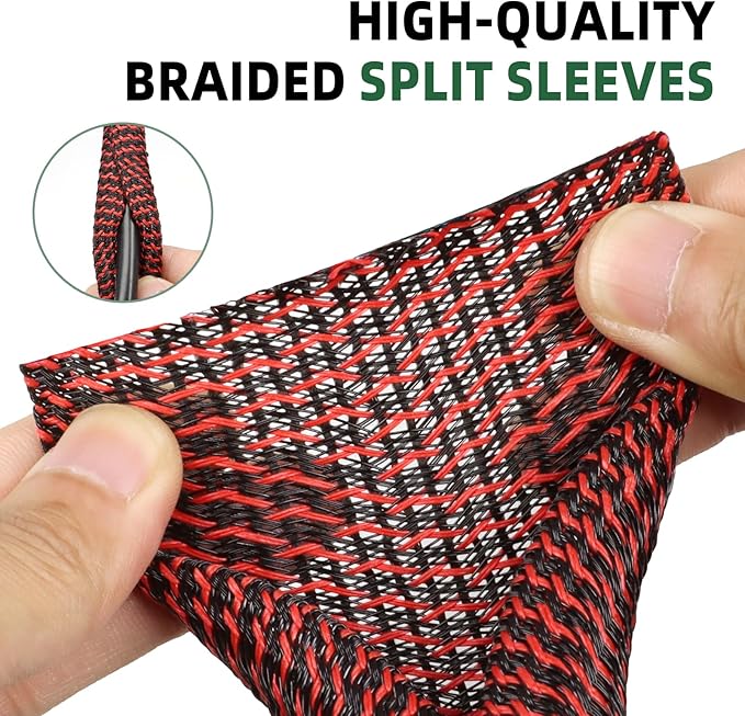 Split Wire Loom Tubing, Cable Protector Sleeve, Braided Cable Management for TV/Computer/Home Theater/Engine Bay, Cord Protectors from Pets No Chew (Red and Black, 1/2"-10ft)