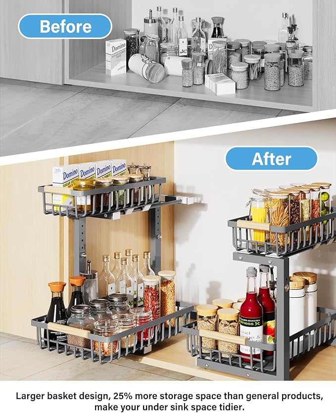 Under Sink Organizer Storage for Families: Pull Out Storage Undersink Organizers Drawer Cabinet - Sliding 2 Tier Rack Metal Organization Under Counter Kitchen Bathroom for Homemakers(Gray,1 Pack)