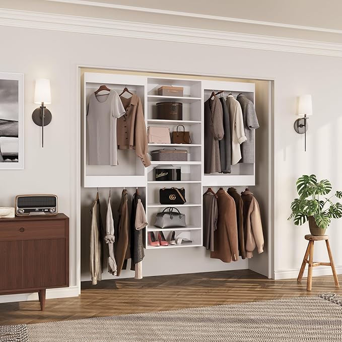 ROOMTEC Modular Closet System, 102" Wall-Mounted Closet Organizer with Hanging Rods and Shelves, Wooden Tower for Walk-In Closets, Wardrobe Storage Kit, White