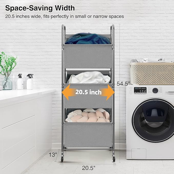 STO STO 3-Tier Vertical Rolling Laundry Hamper with Removable Bags, 120L Stackable Laundry Sorter Basket, Clothes Hamper with Wheels for Small Spaces, Closet, Bedroom, Bathroom, Laundry Room, Gray