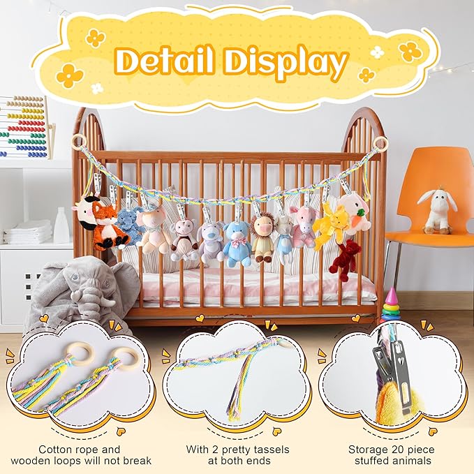 Hanging Stuffed Animal Storage Hammock - 78 Inch Stuffed Animal Net with 20 PCS Metal Clips, Macrame Stuff Animals Organizer for Room Decor