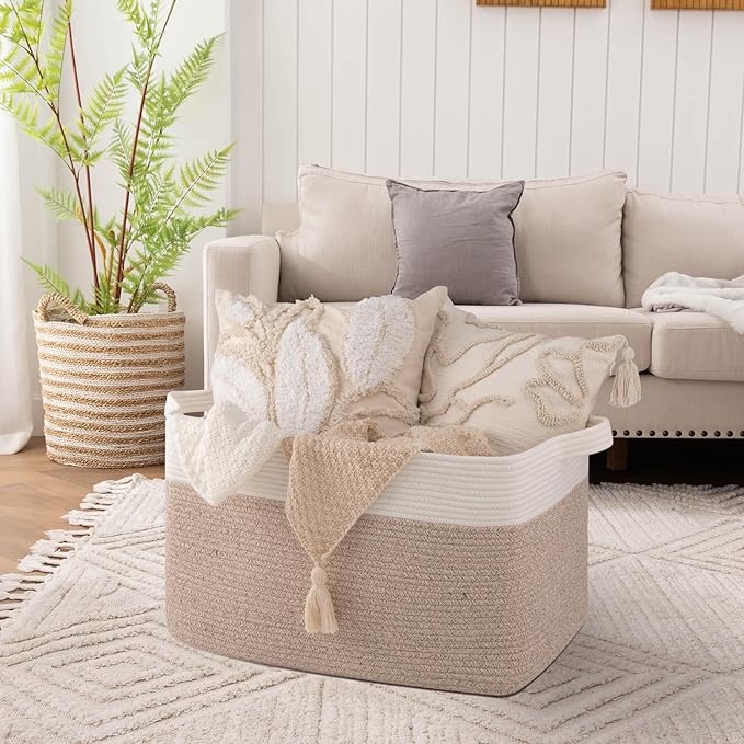 OIAHOMY Extra Large Blanket Basket, 95L Woven Storage Basket, Cotton Rope Toy Bin for Baby Room, Container for Storage in Living Room, 24''×17''×14'', Brown & White