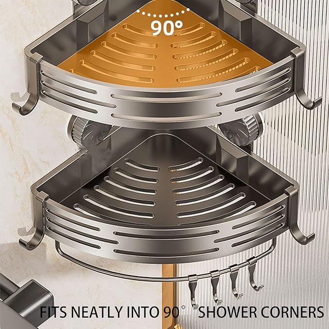 Xarewx Triangle Suction Cup Shower Caddy, No-Drill Bathroom Corner Shelf, 2-Tier Bathroom Organizer with Hooks & Towel Bar, Rust-Resistant, Heavy Duty Shower Corner Rack for Smooth Surfaces (Normal)