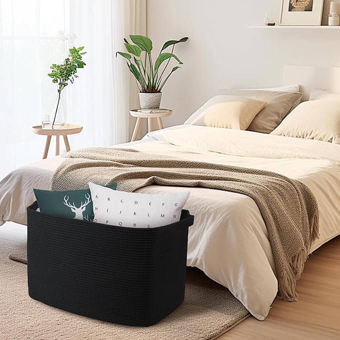 Extra Large Basket for Blankets, 23.6" x 17" x 12" Black Blanket Storage for Living Room, Big Cotton Rope Pillow Holder, Rectangle Kid Dog Toy Bin Box, Woven Laundry Basket, Shoe Bin Entryway