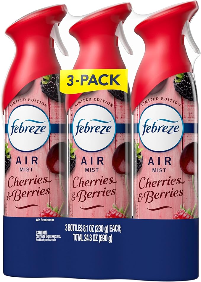 Febreze Air Mist, Air Freshener Spray, Odor Fighting Room Spray, Deodorizer for Home Bathroom Kitchen Office Apartment Dorm Room Classroom, Cherries & Berries Scent, 8.1oz (Pack of 3)