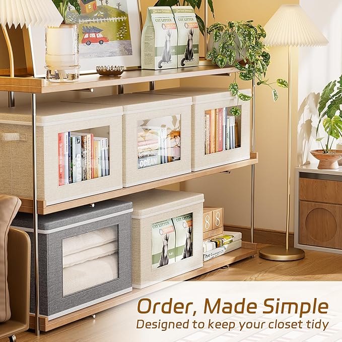 4-Pack Fabric Foldable Storage Bins Closet Storage Box with Window Decorative Storage Bins with Lids for Clothes, Closet, Living Room, Beige, 17“ x 11.8” x 11.8"