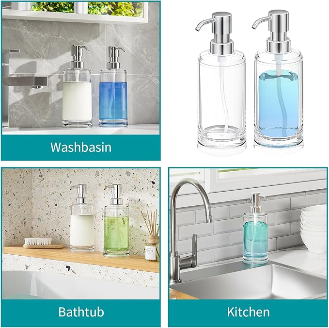 Soap Dispenser Set of 2, Clear Plastic Hand Soap and Dish Soap Dispenser for Kitchen and Bathroom, 10oz Refillable Containers with Waterproof Labels & Rust Proof ABS Pumps