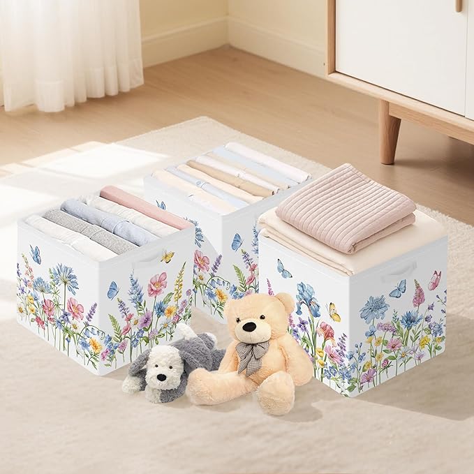 Clastyle Flowers Storage Cube Organizer Set Handle Closet Clothes Cube with Metal Frame Foldable Parents Organizer Storage Basket for Book Toy,Blue Flowers,11.8x11.8x11.8 in