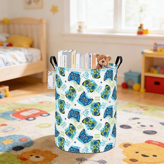 FANKANG Storage Basket, Nursery Hamper Canvas Laundry Basket Foldable with Waterproof PE Coating Large Storage Baskets for Kids Boys and Girls, Office, Bedroom, Clothes,Toys(Game)