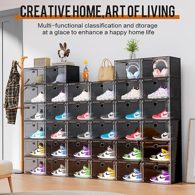 KEFA XL Shoe Storage Box Organizer, 8 Pack Shoe Boxes Clear Plastic Stackable, Sneaker Display Case Container Fit for US 13 (Side 8 PACK GREY)