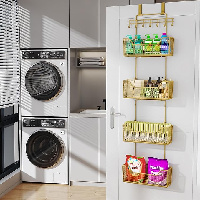 HapiRm Over The Door Organizer - Hanging Door Organizer with 4 Metal Large Capacity Baskets and Adjustable Coat Hook for Bathroom Bedroom Kitchen Pantry Closet Cabinet