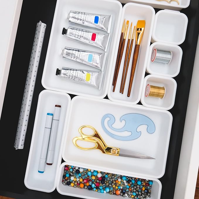 madesmart Premium 8 Piece Interlocking Bin Pack, Modular Drawer Organizer Set for Office Supplies, Tools & Household Items, Durable Non-Slip Design, White