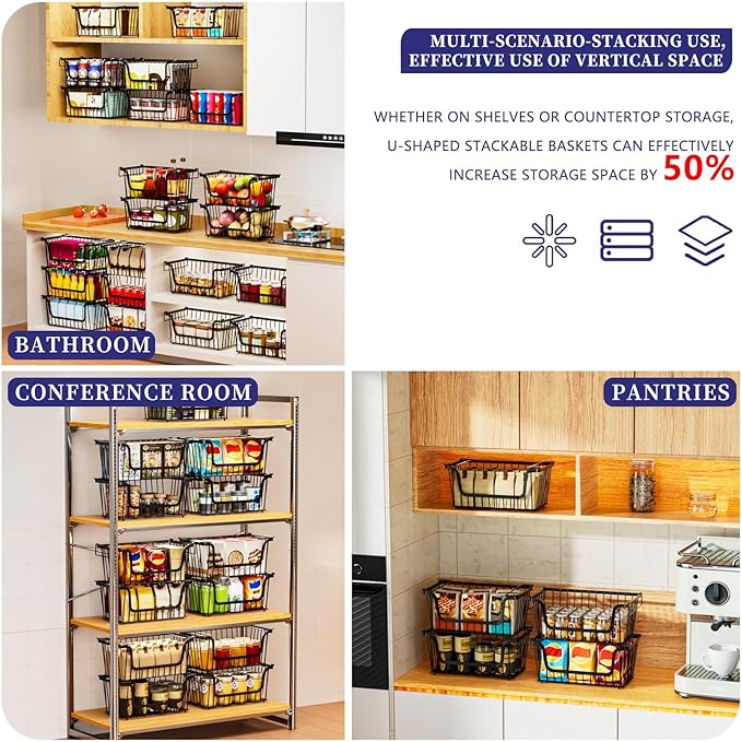 5 Pack Enhanced Leak-Proof Bottom Stackable Wire Baskets, Pantry Organizers and Storage, pantry storage，Shelf Baskets, Fruit Basket, Potato and Onion Storage Bins，(Black)