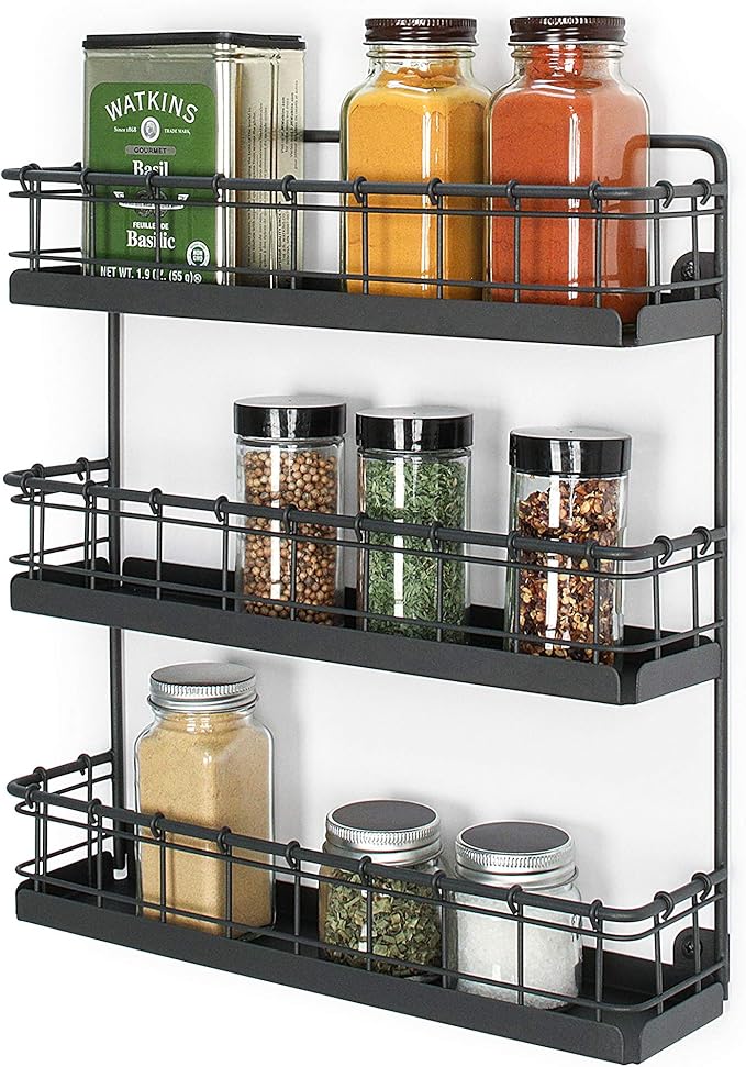 Spectrum 3 Tier Hanging Spice Rack for Wall Black Steel Kitchen Spice Organizer, Wall Mounted Metal Three Tier Metal Spice Organizer Rack for Kitchen Cabinet Pantry Organization
