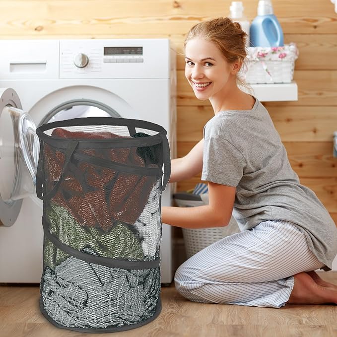 BATTOO Collapsible Laundry Baskets, Foldable Mesh Pop Up Hamper, Portable Laundry Basket Hamper with Handles for Laundry, Bathroom, Kids Room, College Dorm, Travel, Storage Organizer Grey