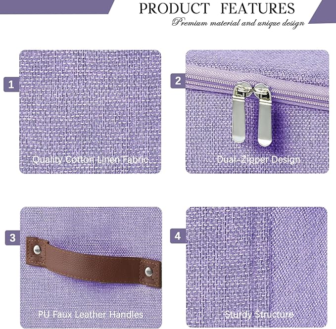 Storage Bins with Zipper Lid Foldable Fabric Lidded Storage Boxes Baskets Cubes Washable Collapsible PU Leather Handle Cotton Linen Shelves Closet Organizer Container(Purple, Large Size)