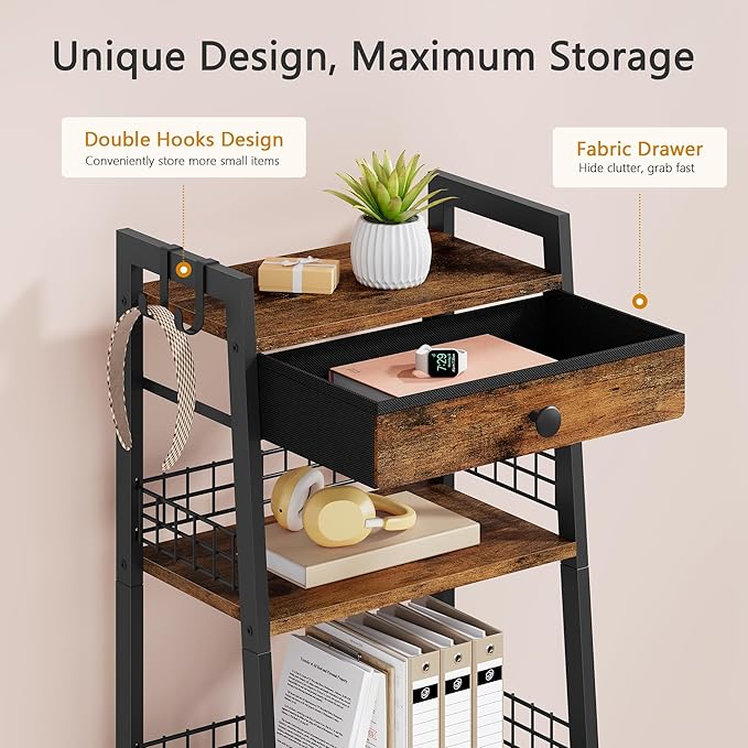 4-Tier Ladder Shelf with Drawer, Bathroom Table Stand for Small Space, Bathroom Standing Shelves with Storage for Living Room Bedroom Kitchen, Organizer Shelf, Rustic Brown