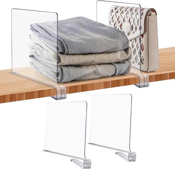 JOY DECOR 2 Pack Acrylic Clear Shelf Dividers for Closets Organizer and Storage Adjustable Vertical Wood Shelf Closet Separators for Clothes,Book,Bags in Bedroom and Kitchen