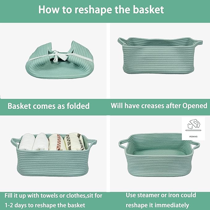 Woven Cotton Rope Storage Basket with Handles for Organizing Shelves Closet Small Cat Dog Pet Toy Baskets Box Bin Decorative Rectangle Baby Nursery Basket Gift Basket Empty (Light Green)