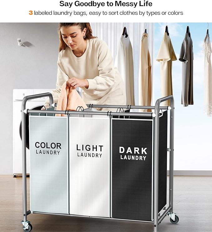 ROMOON Laundry Sorter Hamper 3 Section, Divided Laundry Basket Organizer with Heavy Duty Lockable Wheels and Removable Bags, Rolling Clothes Hamper for Apartment, Dorm & Family (130L Multicolor)